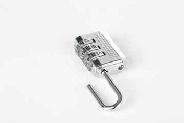 Digital combination silver padlock isolated on white background.