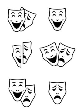 theater mask symbols vector set, sad and happy concept