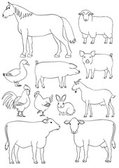 Farm animals line art set