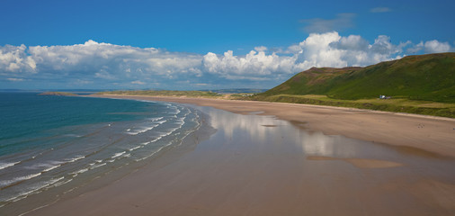 Elevated view of Rhossili Bay in the Gower Peninsular, Wales, UK