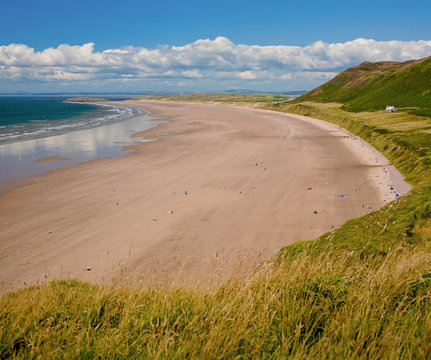 Elevated view of Rhossili Bay in the Gower Peninsular, Wales, UK