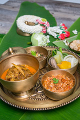 Northern Thai food with banana leaf background