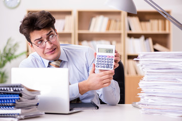 Fototapeta na wymiar Funny accountant bookkeeper working in the office