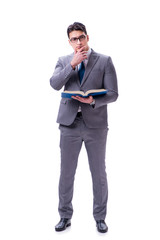 Businessman student reading a book isolated on white background