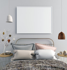 Modern Christmas interior of bedroom, Scandinavian style. 3D illustration. poster mock up