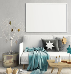Modern Christmas interior of Scandinavian style. 3D illustration. poster mock up © abraca_da