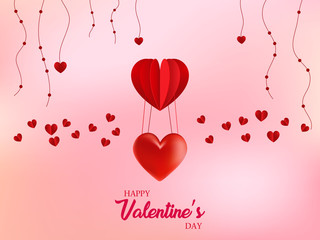 Valentine's day abstract background with pink paper hearts. Valentines day with paper cut red heart shape balloon flying and hearts decorations in white background. Vector illustration.