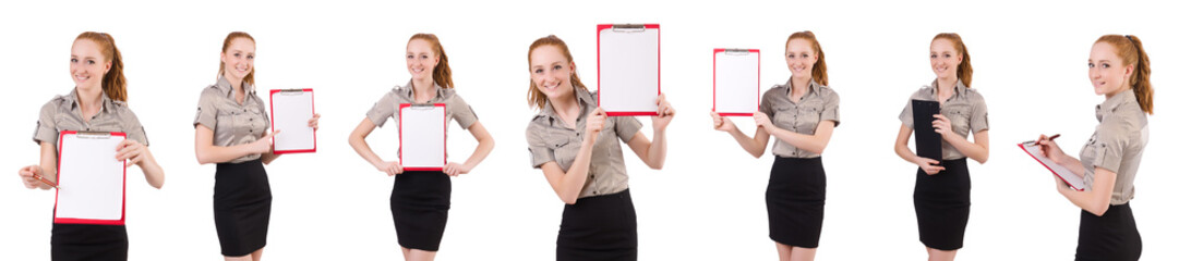 Attractive businesswoman  with binder  isolated on white