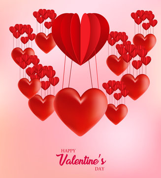 Valentine's day abstract background with pink paper hearts. Valentines day with paper cut red heart shape balloon flying and hearts decorations in white background. Vector illustration.