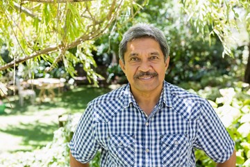 Portrait of smiling senior man in garden