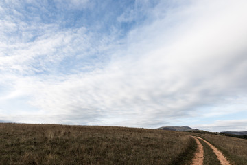 A small country road under big blue sky and white clouds