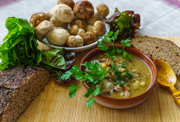 A plate of soup with mushrooms, along with rye bread and greens.