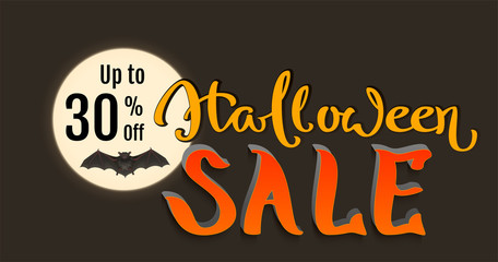 Discount 30 percent of Halloween holiday sale. Bat on full moon and lettering text