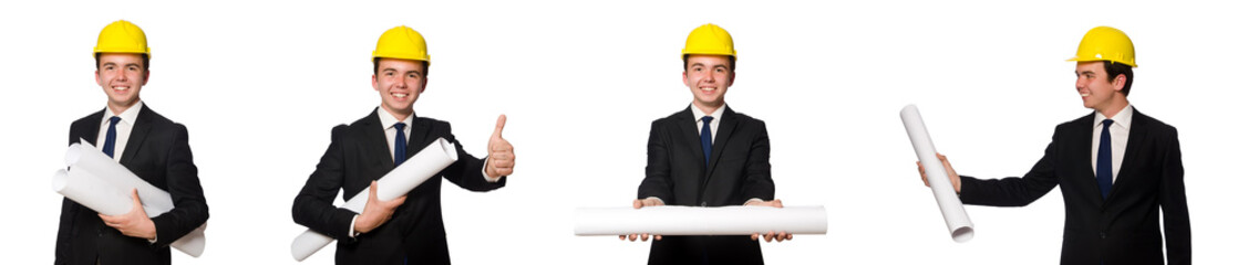 Funny architect with drawings on white