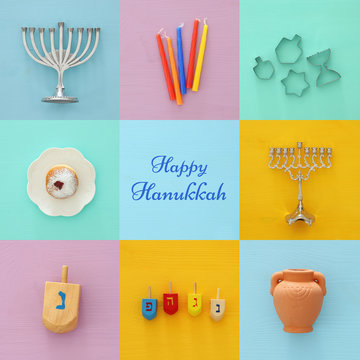 jewish holiday Hanukkah collage background with traditional spinnig top, menorah (traditional candelabra), doughnut and candles
