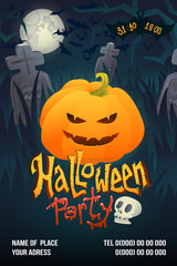 Halloween party poster with pumpkin on dark cemetery back