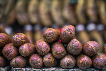 Tasty homemade chorizo sausage on Mercado Central in Valencia, Spain.