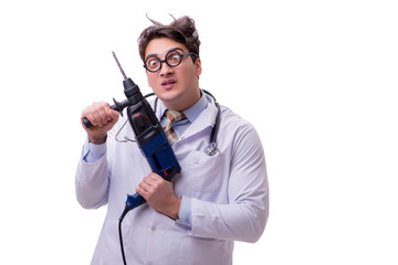 Funny doctor with drill isolated on white