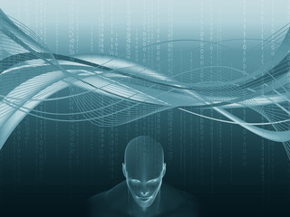 3D rendering of Human head with binary code and electric waves