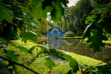 Royal architecture Autumn forest cabin for boats in the forest