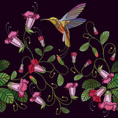 Embroidery flowers bells and humming bird seamless pattern. Beautiful cornflowers and humming bird, classical embroidery pattern. Fashionable template for design of clothes
