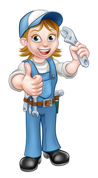 Cartoon Mechanic or Plumber Woman Holding Spanner