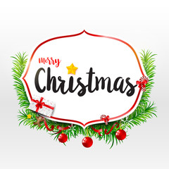 Merry Christmas calligraphy text on frame with green leaf Christmas ball snowflake and celebration element vector illustration
