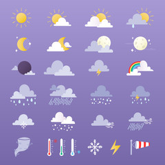 Obraz premium Set of weather icons vector illustration. Sun, cloud, rain, moon and weathercock