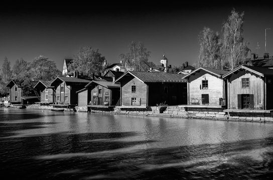 Old wooden boat houses along porvoonjoki river UNESCO unesco world heritage Porvoo town 