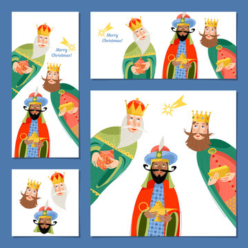 Set of 4 universal Christmas greeting cards with three biblical Kings: Caspar, Melchior and Balthazar.  Three wise men. Template.