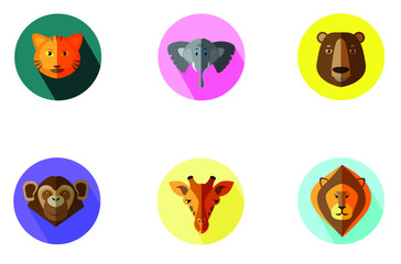 Vector color flat round icons. The wild animals from safari.