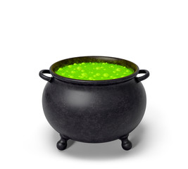 Cauldron with green magic boiling charmful bubble potion or fairy witching toxic poison soup....