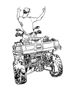 Sketch vector illustration, quad bike silhouette, ATV logo design on a white background