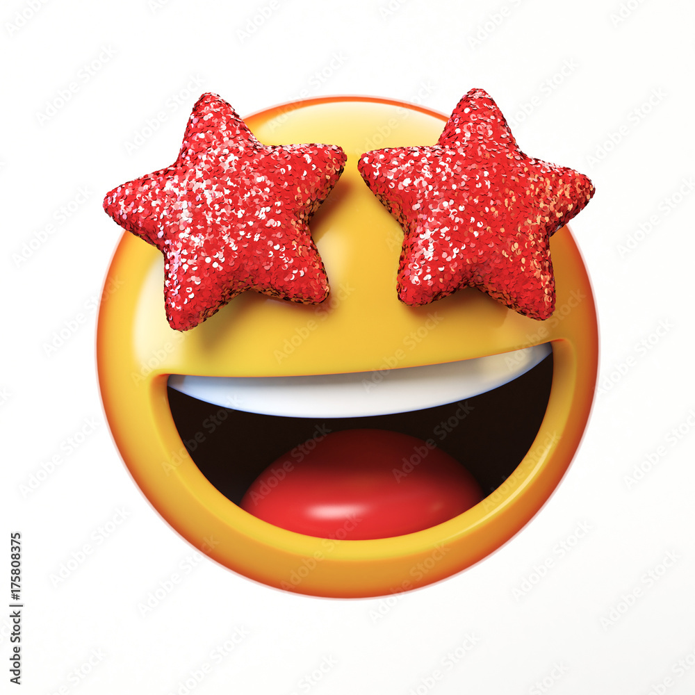 Poster star eyes emoji isolated on white background, glamorous emoticon 3d rendering