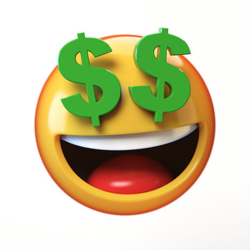 Rich emoji isolated on white background, dollar eyes emoticon 3d rendering