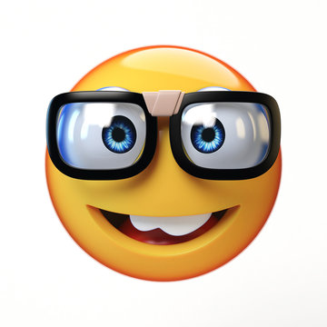 Nerd emoji isolated on white background, emoticon with glasses 3d rendering