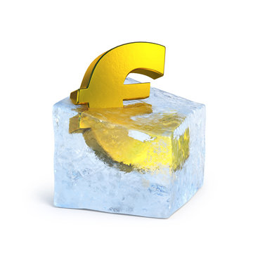 Golden euro symbol frozen in the ice block 3d rendering