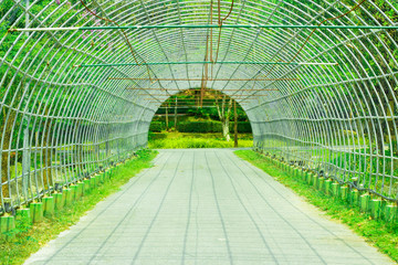 The structure is made of steel. Used to underpasses in the garden
