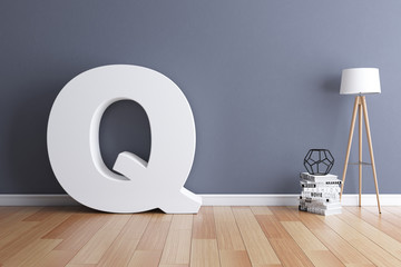 Mock up interior font 3d rendering letter Q