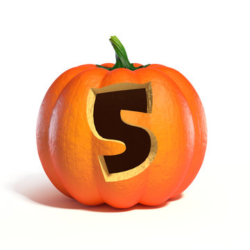 Halloween pumpkin font number 5 3d rendering