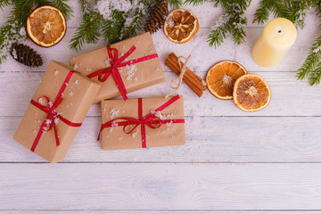 Christmas Background Green Decorative Fir Branches Presents Wooden Background