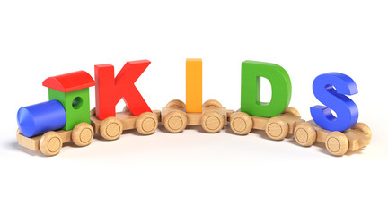 Wooden toy train with KIDS letters as railroad cars 3d rendering