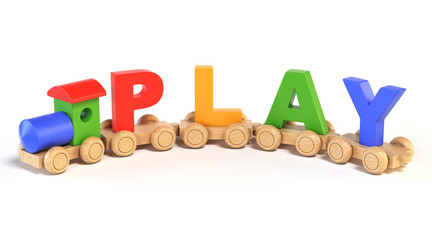 Wooden toy train with PLAY letters as railroad cars 3d rendering