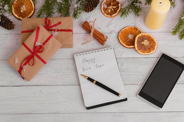 Christmas Background Green Decorative Fir Branches Presents Wooden Background