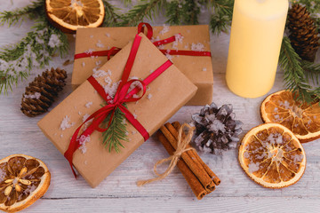 Christmas Background Green Decorative Fir Branches Presents Wooden Background