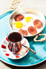 Travel concept: setup with traditional turkish breakfast