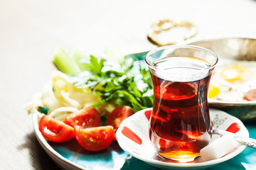 Travel concept: setup with traditional turkish breakfast