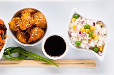 Chicken meat with rice and vegetable