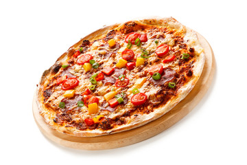 Pizza pepperoni with tomatoes, mushrooms and pepper