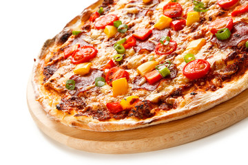 Pizza pepperoni with tomatoes, mushrooms and pepper
